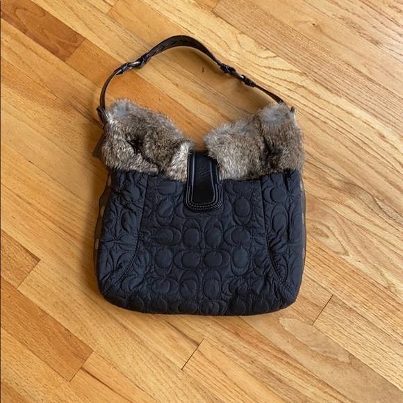 Coach Black Fur Trimmed Quilted Hobo Bag - Picture 2 of 7